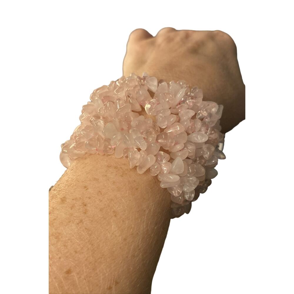 Polished Pink Rose Quartz Bracelet Stretch w/ 4-5mm nuggets & beads, 2 inch wide - Picture 3 of 5